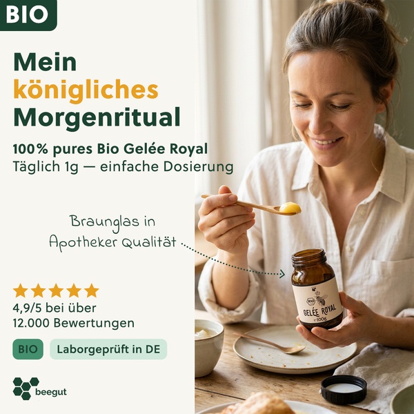 A lifestyle-focused creative featuring a woman consuming Royal Jelly, highlighting its quality and thousands of positive user reviews.